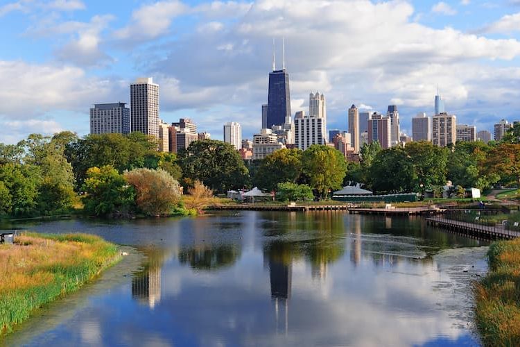 Lincoln Park lake with skyline in background