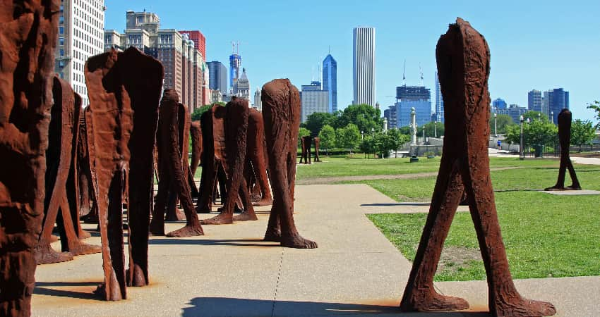 The rusty and towering forms in the Agora sculpture in Grant Park in Chicago