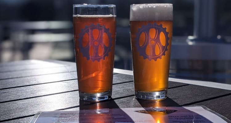 two beer glasses backlit by the sun going down