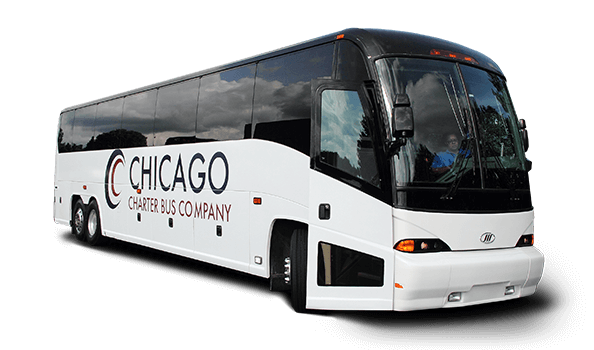 a plain white charter bus with a "Chicago Charter Bus Company" logo