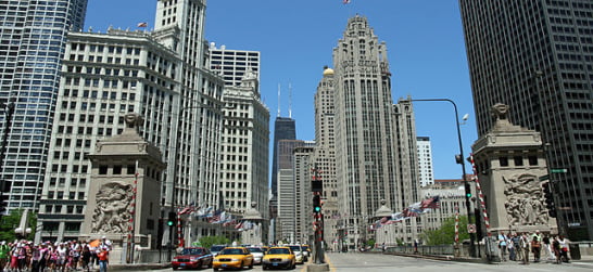 view of multiple historic buildings along Magnificent Mile Chicago 